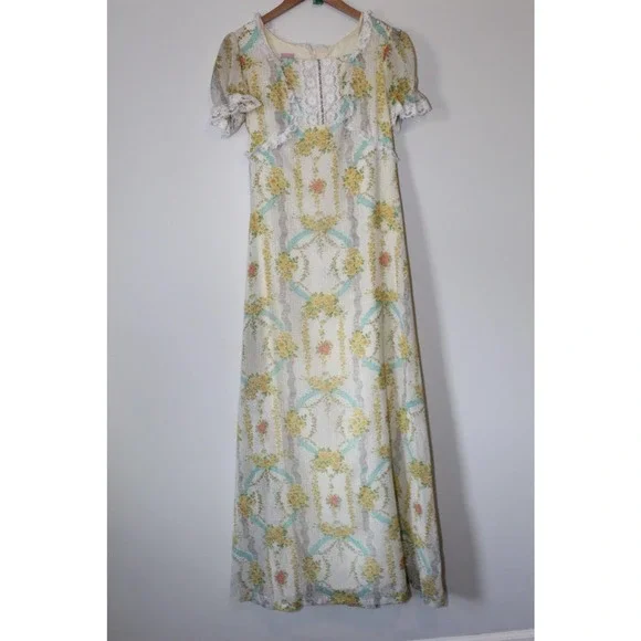Vintage Floral Prairie Peasant Lace Maxi Dress Bridgeton Ivory Women's 13 H14102 - Picture 4 of 11